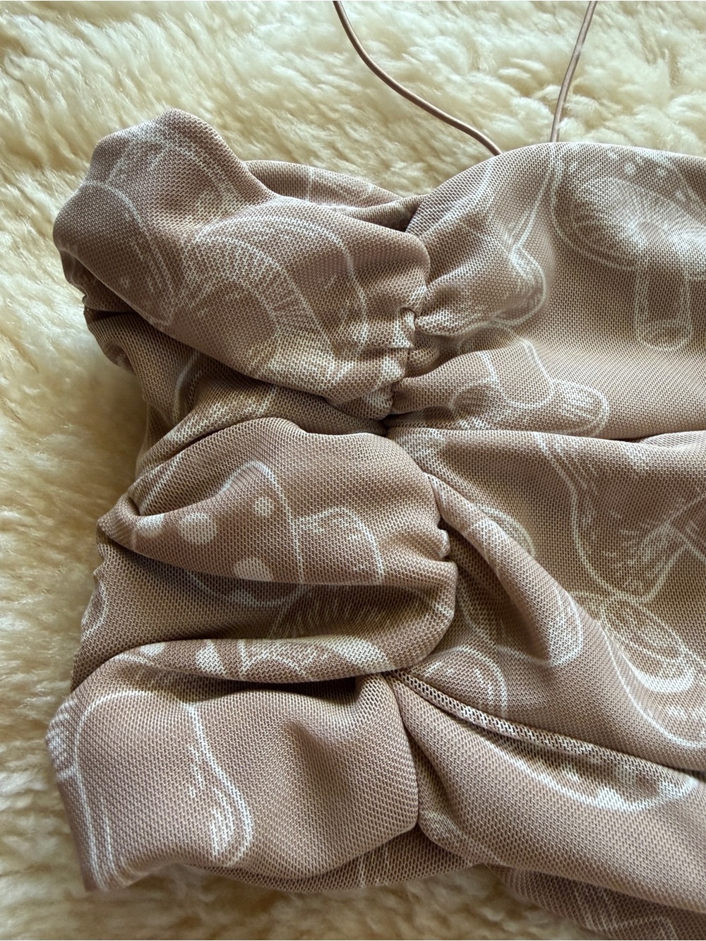 Ruched Mushroom-Print Spaghetti Strap Crop Top - Taupe